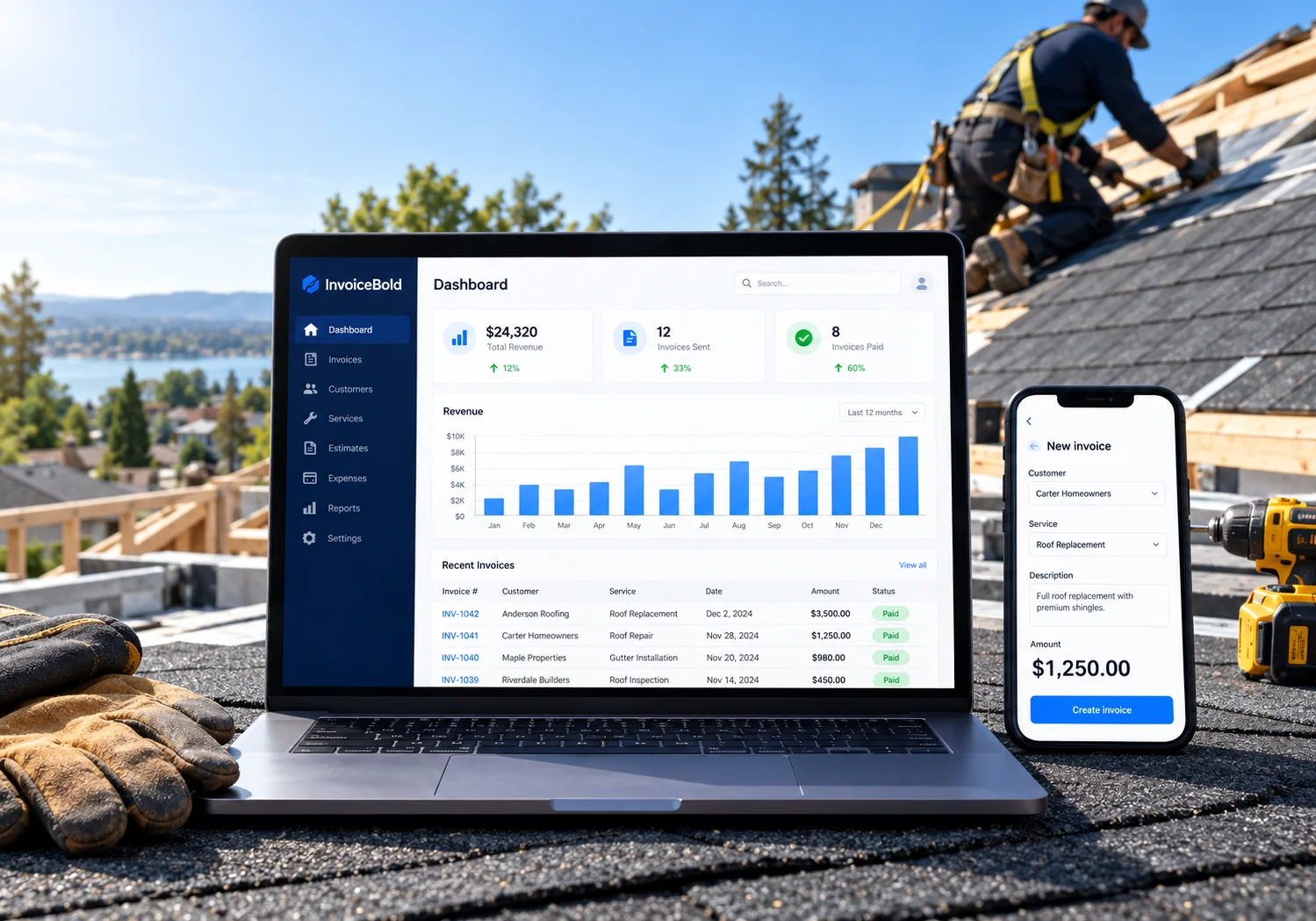Roofing professional working on a roof beside an invoicing laptop and phone