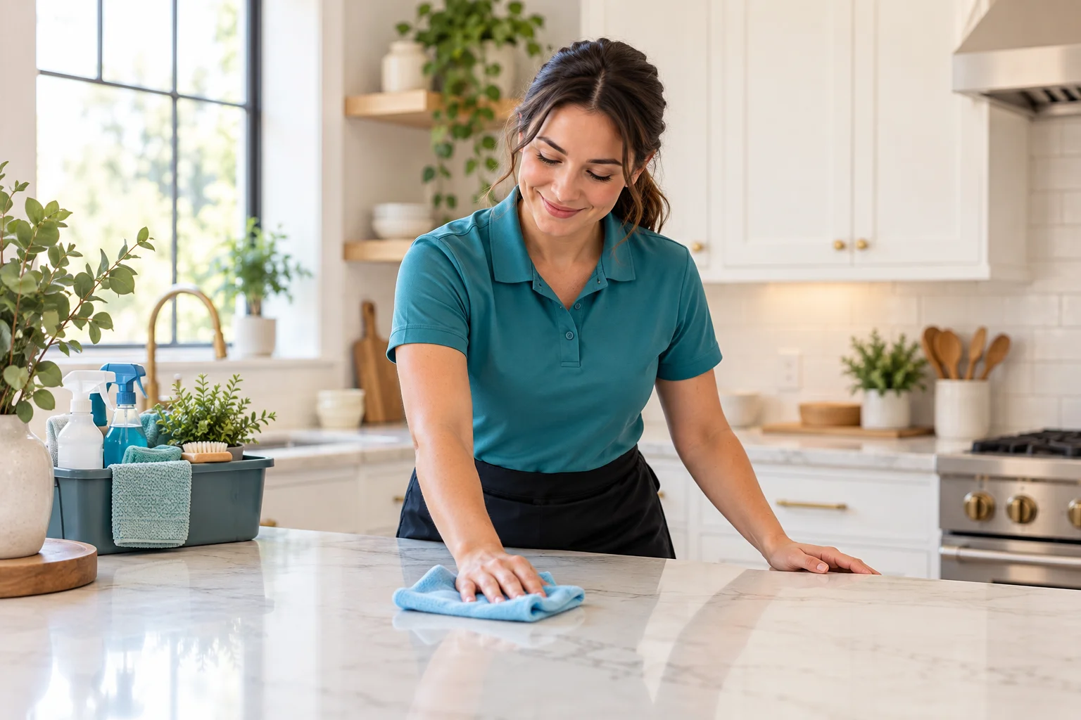 Professional cleaner wiping a kitchen countertop in a bright home
