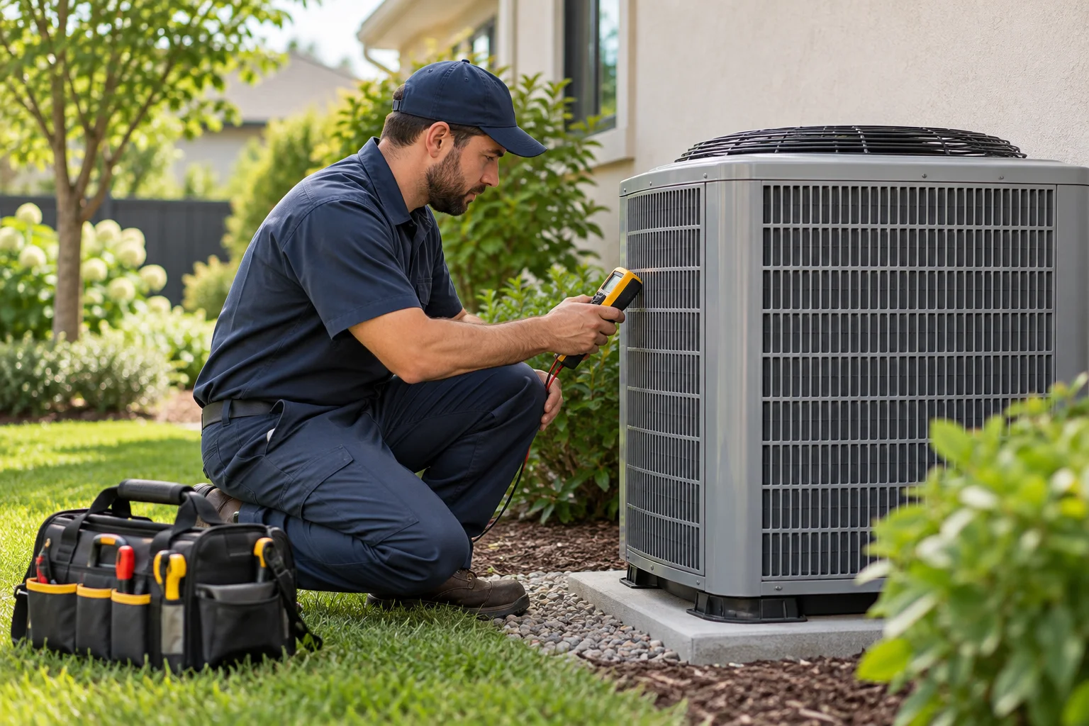 HVAC technician inspecting an outdoor residential air-conditioning condenser