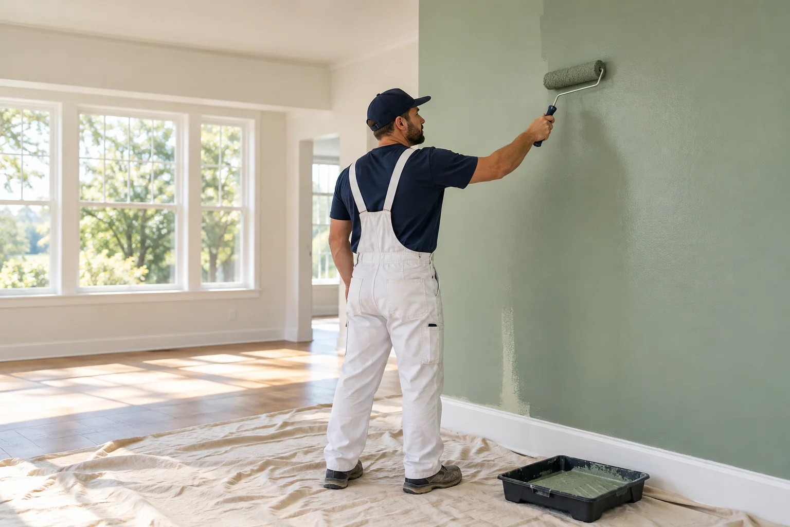 Professional painter using a roller on an interior wall